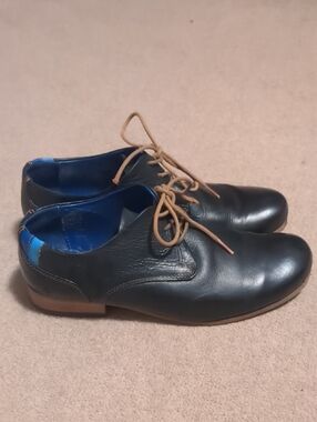 John Fluevog Black Leather Derby Shoes with Tan Laces
